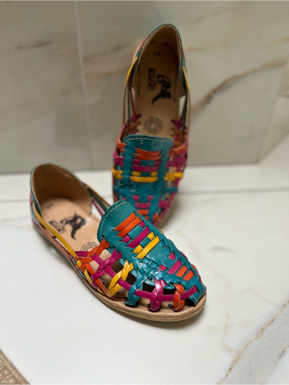 Brand New Handwoven Multicolor Huarache Sandals in Teal, Pink, Yellow and Orange